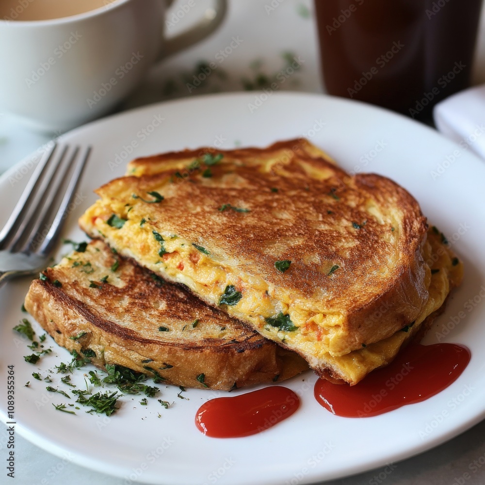 delicious breakfast sandwich with egg and herbs served with ketchup delicious breakfast sandwich with egg and herbs served with ketchup