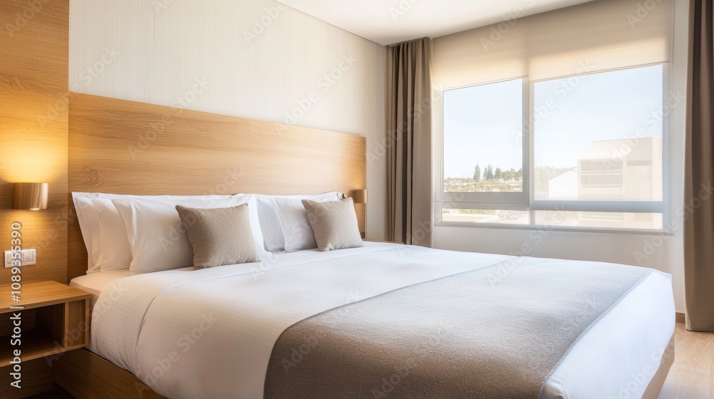 Cozy hotel bedroom featuring a large bed, warm wooden accents, and natural light during daytime in a modern city setting Cozy hotel bedroom featuring a large bed, warm wooden accents, and natural light during daytime in a modern city setting