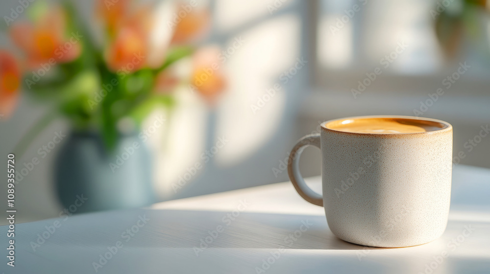 Warm Coffee Cup on a Sunlit Table with a Floral Vase in the Background, Perfect for Cozy Morning or Relaxing Afternoon Moments in a Home Environment Warm Coffee Cup on a Sunlit Table with a Floral Vase in the Background, Perfect for Cozy Morning or Relaxing Afternoon Moments in a Home Environment