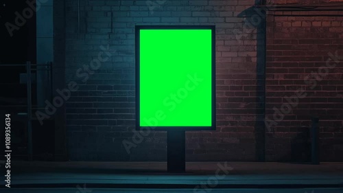 Slow zoom animation of a billboard with a green screen on a brick wall background