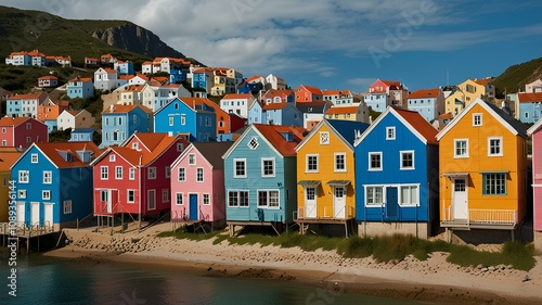 A traveler exploring a coastal town with vibrant houses by the sea.