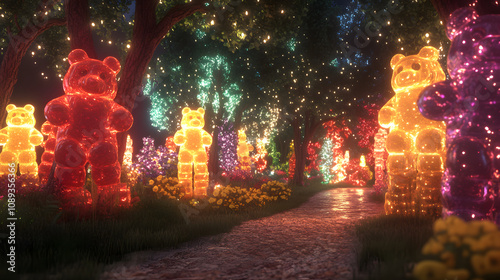 A Surreal Woodland of Giant Gummy Bear Trees and Luminous Pathways Beneath a Starlit Sky photo