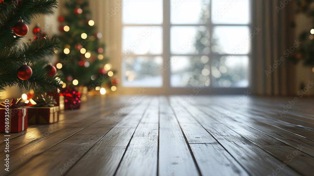 wooden floor in room,Christmas tree,light through window,banner,copy space,new year concept. wooden floor in room,Christmas tree,light through window,banner,copy space,new year concept.