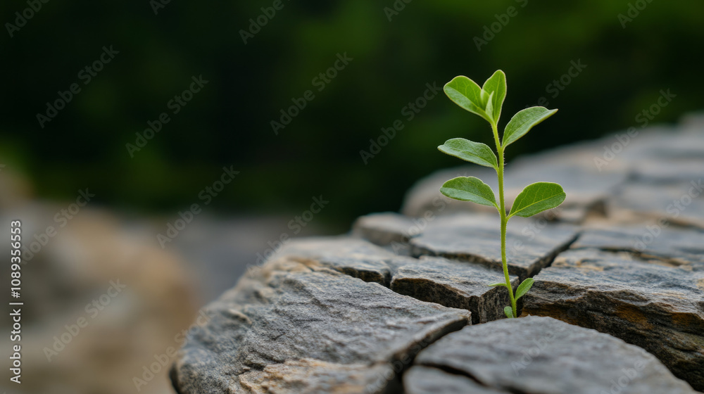 Small plant growing through cracks in stone surface in natural setting Small plant growing through cracks in stone surface in natural setting