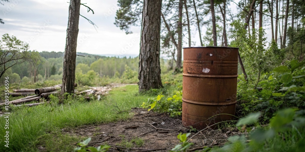 Chemical in a brown barrel in the forest, isolated landscape, environmental hazards Chemical in a brown barrel in the forest, isolated landscape, environmental hazards