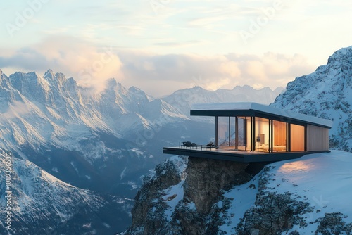 A minimalist cabin perched on a snowy mountaintop, with a breathtaking view of the surrounding peaks.
