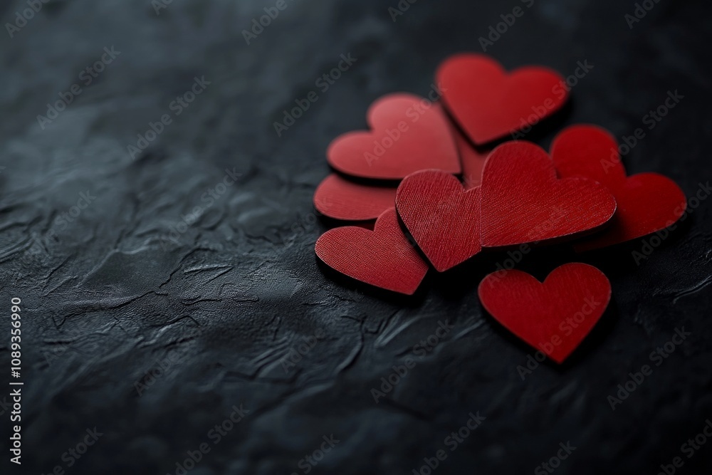 Fototapeta premium A fan of playing cards spread out on a table, with the two of hearts clearly visible in the center, its vibrant red hearts standing out among the other cards