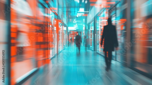 Wallpaper Mural A blurred corridor scene with figures walking, illuminated by vibrant blue and orange lights, creating a dynamic and abstract atmosphere. Torontodigital.ca