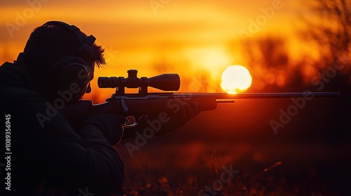 A man wearing protective earmuffs aims his rifle at a distant target during sunset, silhouetted against the warm evening light, in a tranquil outdoor setting. - photo