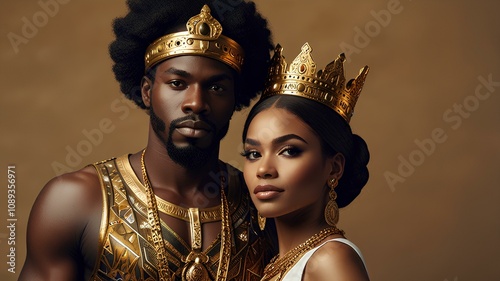 African king and queen. Black diversity royalty. Gold crown. Throne. Rulers. Persian. Handsome man. Pretty woman.