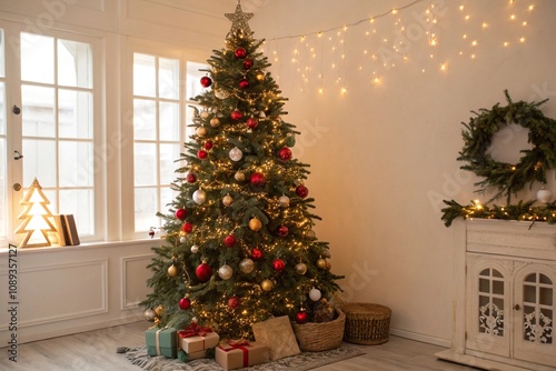 Christmas tree decorated with ornaments and lights in a bright room, happy, lively photo