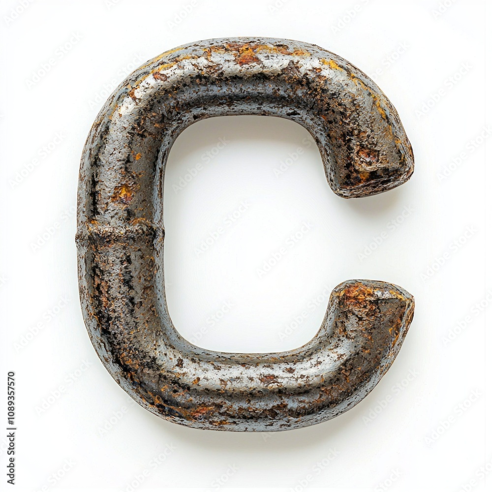 design features letter C crafted rough chain link showcasing unique texture and strength stark white background emphasizing its industrial nature and creativity. design features letter C crafted rough chain link showcasing unique texture and strength stark white background emphasizing its industrial nature and creativity.