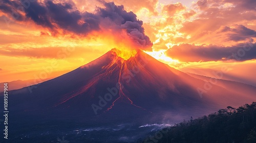 **A dramatic scene of an erupting volcano, with molten lava flowing down the mountainside, spewing ash and smoke into the sky at sunset. --ar 16:9 --s 250 --style raw --v 6.1** - 