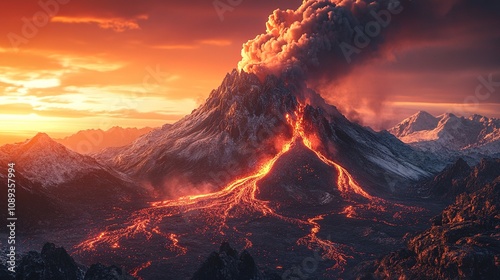 **A dramatic scene of an erupting volcano, with molten lava flowing down the mountainside, spewing ash and smoke into the sky at sunset. --ar 16:9 --s 250 --style raw --v 6.1** - <@1277373875826458666