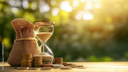 The concept of time and money, an hourglass next to coins on the table with a burlap bag photo