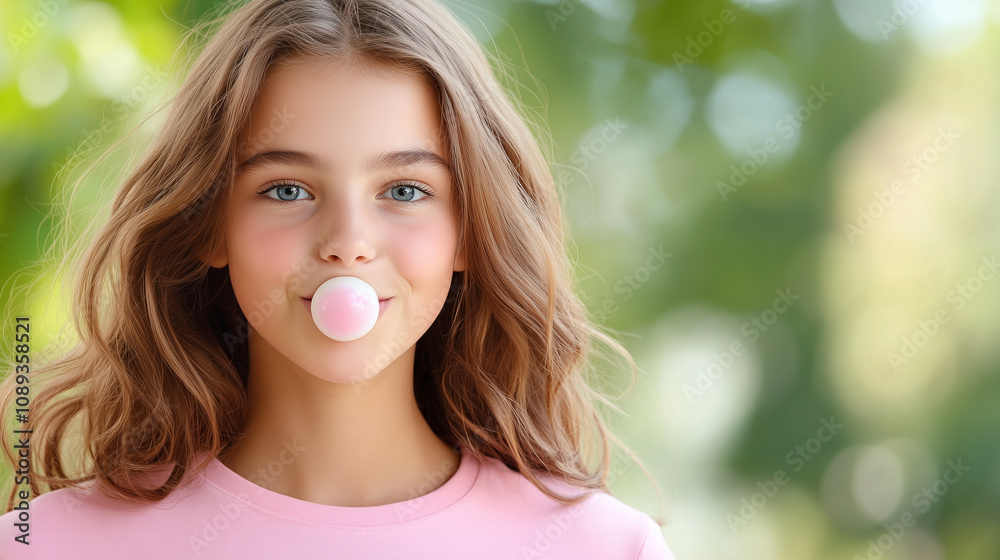 Teenage girl with wide open eyes. Blowing bubble of chewing gum. Teenage girl with wide open eyes. Blowing bubble of chewing gum.
