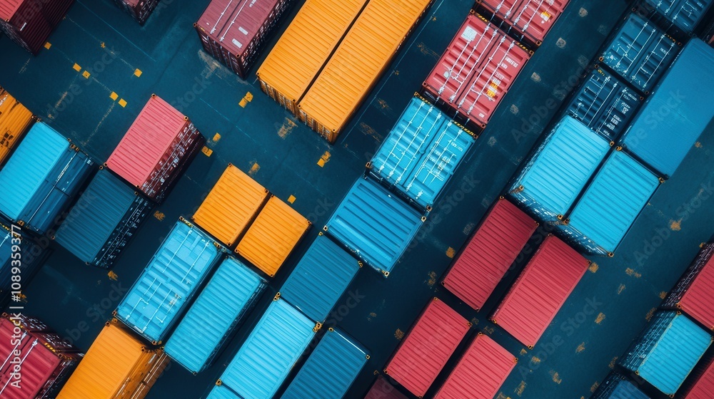 Fototapeta premium Aerial view of colorful shipping containers stacked on a port, showcasing organized logistics and maritime transport.