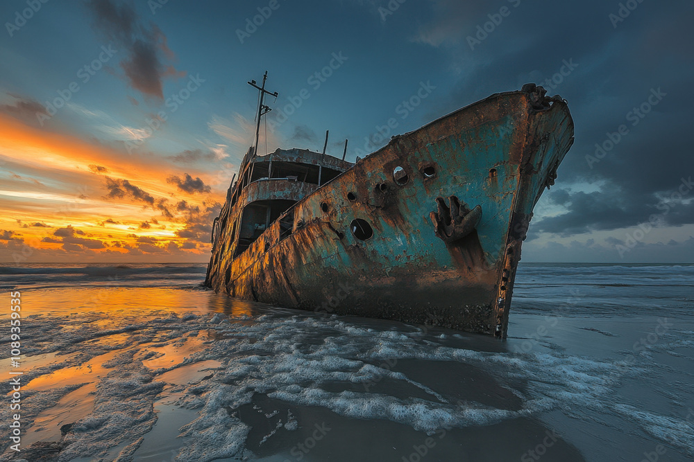 Rusty shipwreck lies on a beach at sunset, with dramatic clouds and vibrant orange hues painting the sky, creating a hauntingly beautiful seascape. Rusty shipwreck lies on a beach at sunset, with dramatic clouds and vibrant orange hues painting the sky, creating a hauntingly beautiful seascape.