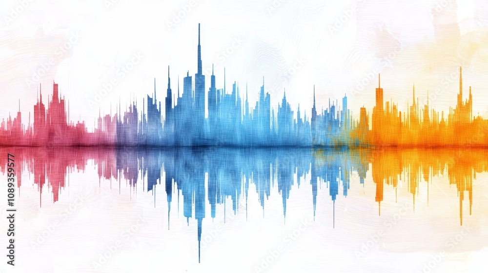 Vibrant Sound Wave Reflection in City Skyline Art Design with Colorful Gradients Demonstrating Energy and Motion in Urban Music Atmosphere Vibrant Sound Wave Reflection in City Skyline Art Design with Colorful Gradients Demonstrating Energy and Motion in Urban Music Atmosphere
