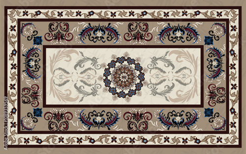 Vintage ornamental vector design for rug, tapis, yoga mat. Geometric ethnic clipart. Arabian ornamental carpet with decorative elements.Persian carpet,