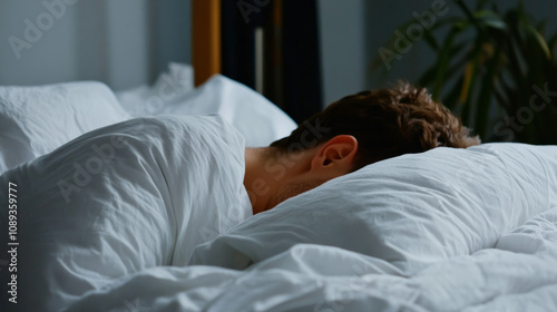 Resting figure in bed under soft white blankets in cozy bedroom setting
