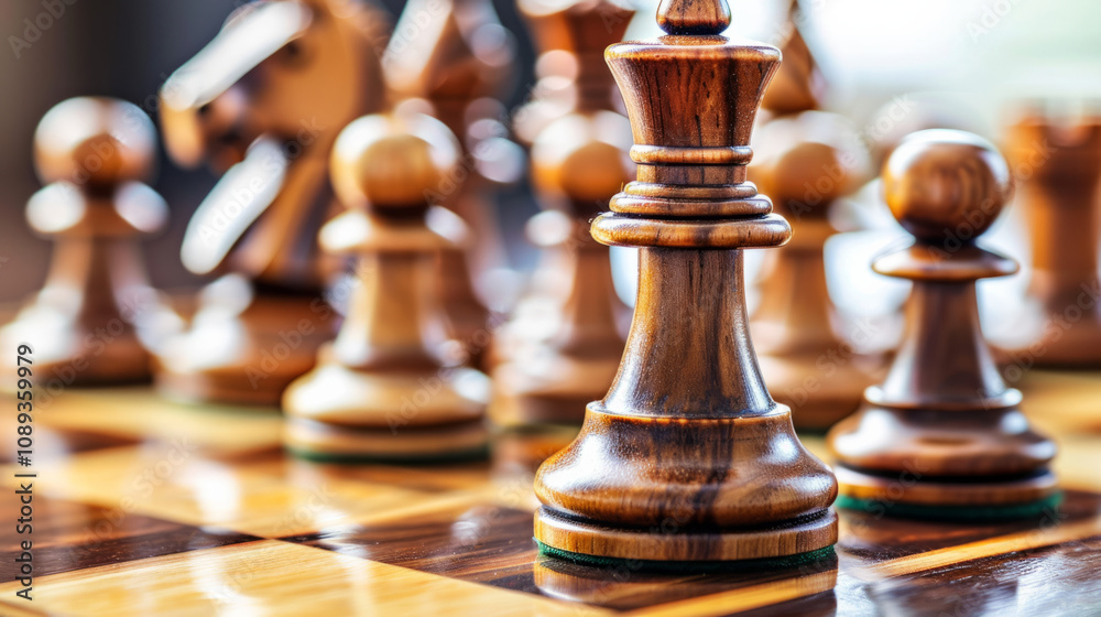 Detailed view of a wooden chess set on a polished table during play Detailed view of a wooden chess set on a polished table during play
