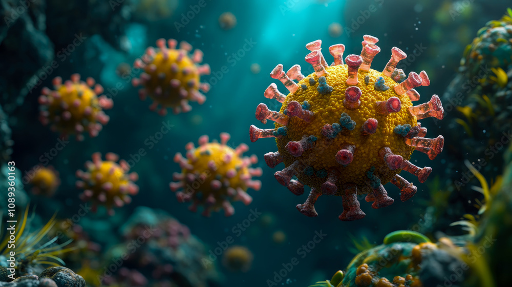 Fototapeta premium Virus particles are shown in a vibrant underwater setting, illustrating their structure and interaction within a microscopic environment amid the pandemic