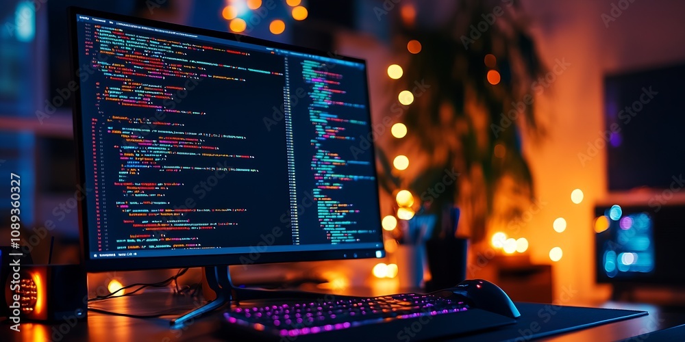 Contemporary Desk Setup with Code Display on Screen and Ambient Light in Modern Workspace : Generative AI Contemporary Desk Setup with Code Display on Screen and Ambient Light in Modern Workspace : Generative AI
