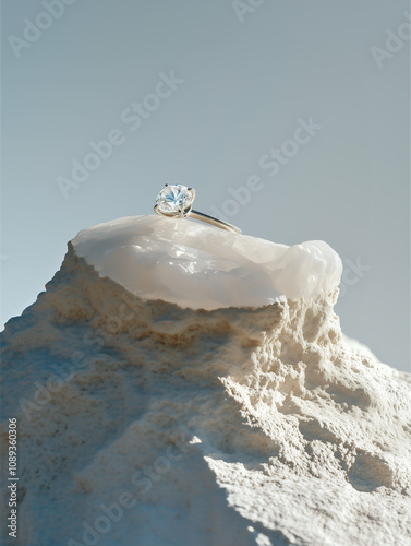 Photographie commerciale d'une bague en or blanc ou argent de type solitaire sertie d'une pierre blanche, aigue marine ou pierre de lune sur un fond blanc et minéral, quartz blanc photo