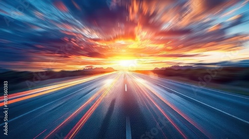 Vibrant sunset over a highway with motion blur.