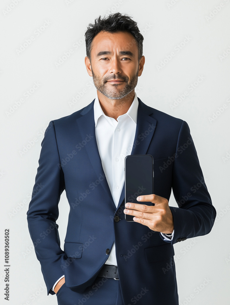 Un client, homme d'affaires souriant avec un téléphone portable, silhouette pour page de vente, publicité pour services, prestations ou logiciels IT, directeur commercial ou marketing Un client, homme d'affaires souriant avec un téléphone portable, silhouette pour page de vente, publicité pour services, prestations ou logiciels IT, directeur commercial ou marketing