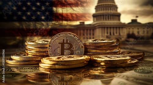 A pile of golden bitcoins with the U.S. Capitol building in the background, symbolizing the intersection of cryptocurrency and American finance.