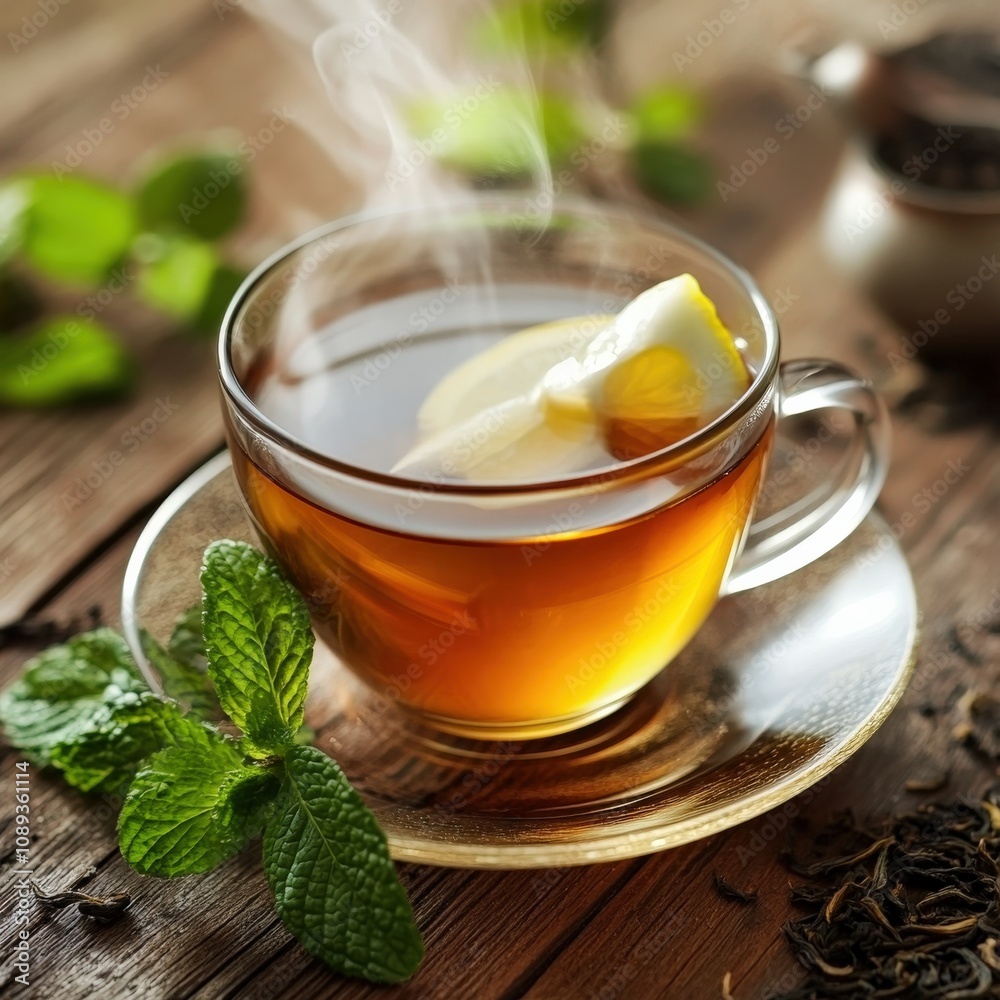 steaming cup of herbal tea with fresh mint leaves steaming cup of herbal tea with fresh mint leaves