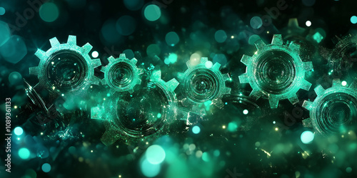 Green gears with holographic networking and copy space on a black background