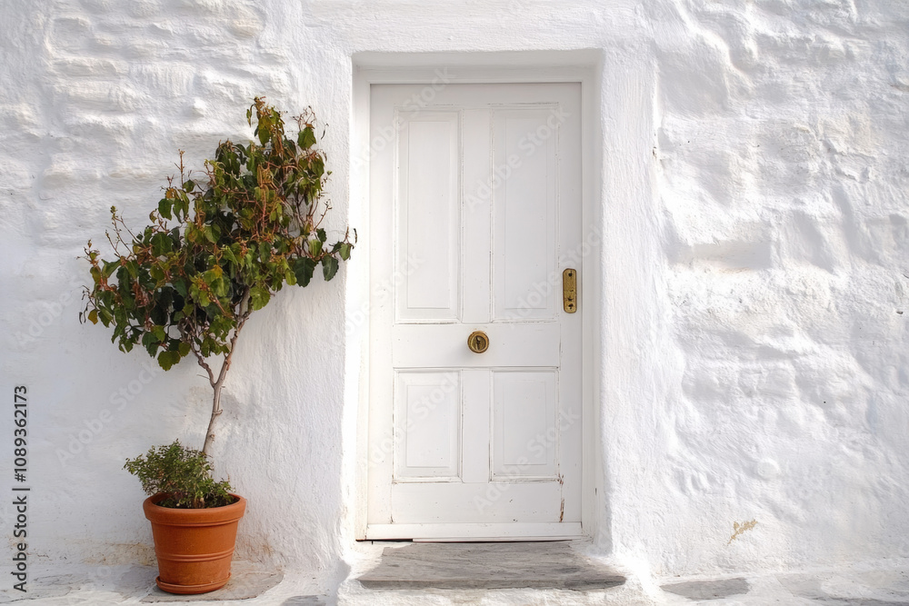 White door with potted plant against a textured wall in a sunlit setting