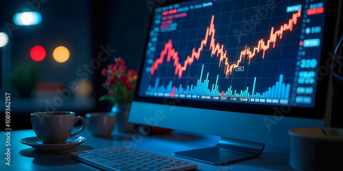 A computer screen displaying a stock market chart with candlestick patterns and trading indicators, suggesting an analysis of financial data