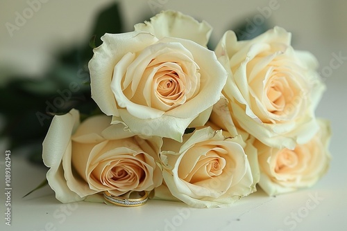 a white beige background with white roses and gold