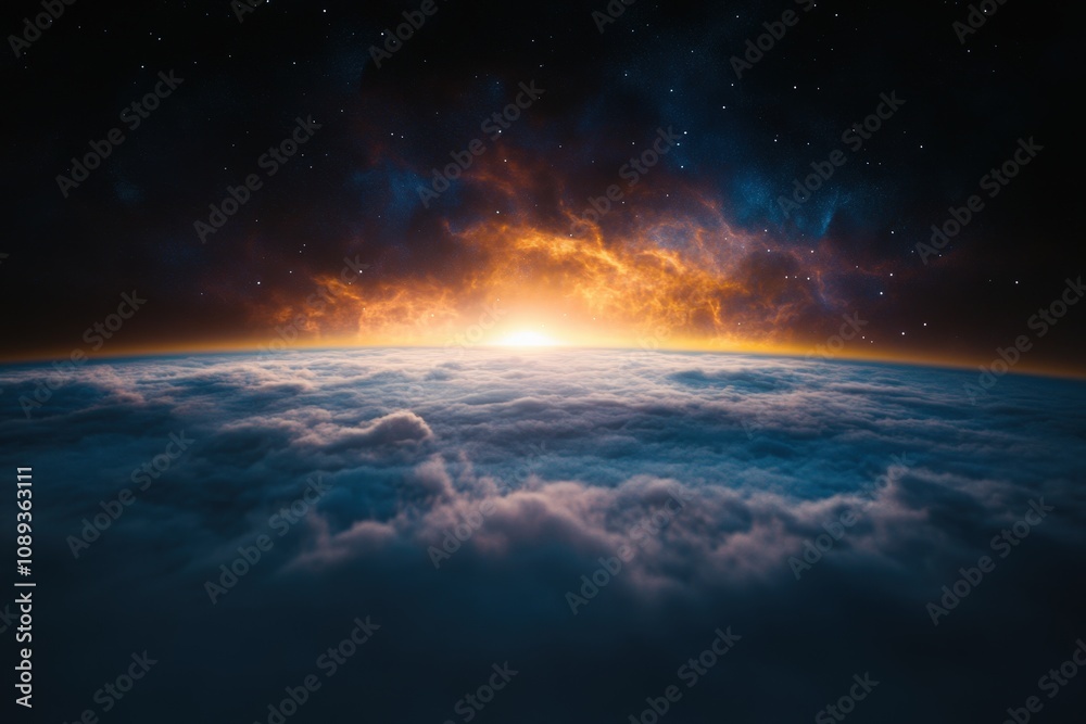 stunning view of sunrise above the clouds in space stunning view of sunrise above the clouds in space