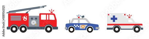 simple emergency vehicle set fire engine truck ambulance police car side view icon symbol vector isolated on transparent background