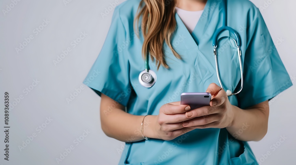 A healthcare professional in scrubs using a smartphone, symbolizing modern communication in the medical field. A healthcare professional in scrubs using a smartphone, symbolizing modern communication in the medical field.
