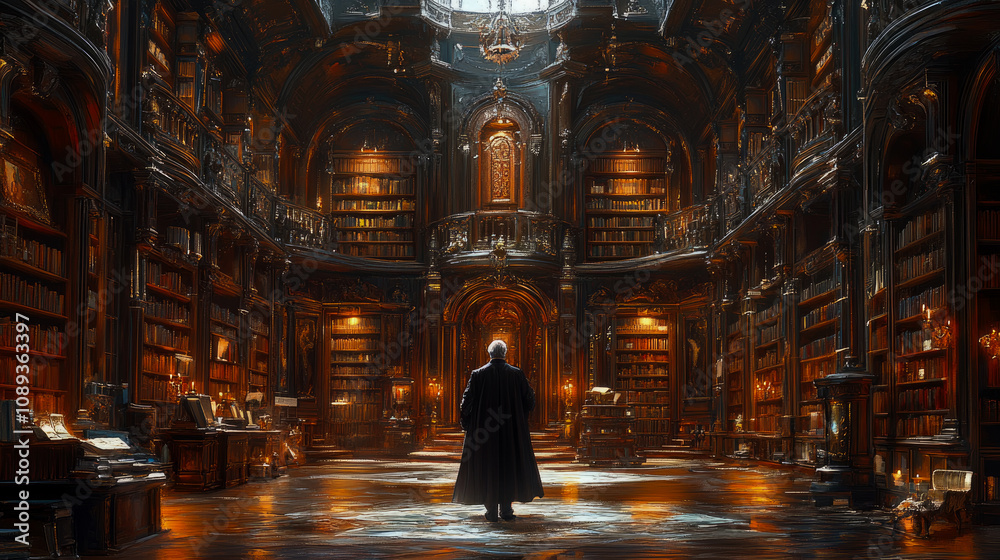 Fototapeta premium A person stands in a grand library surrounded by towering shelves of ancient books and warm, atmospheric lighting, creating a feeling of mystery