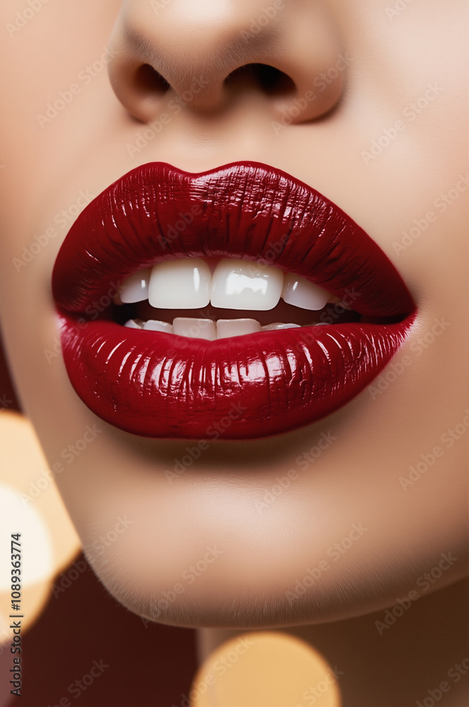 Close-Up of Glamorous Red Lips with Glossy Finish Against a Soft Bokeh Background Close-Up of Glamorous Red Lips with Glossy Finish Against a Soft Bokeh Background