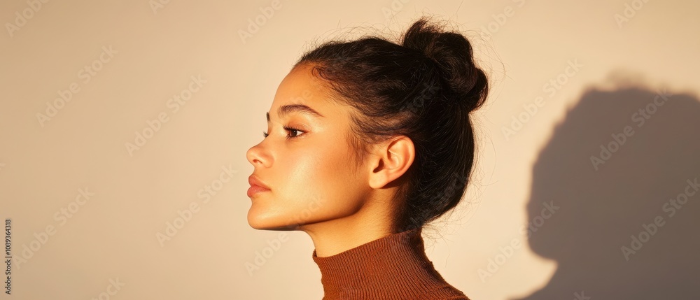 profile portrait of a young woman with natural lighting and a soft background profile portrait of a young woman with natural lighting and a soft background