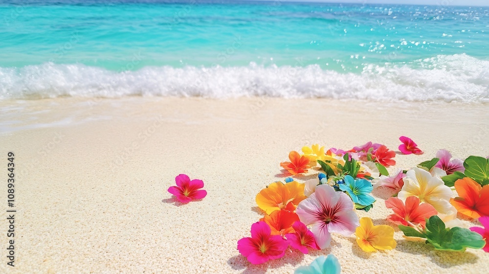 Vibrant Tropical Flowers Scattered Across Sandy Beach with Turquoise Waves in Background Vibrant Tropical Flowers Scattered Across Sandy Beach with Turquoise Waves in Background