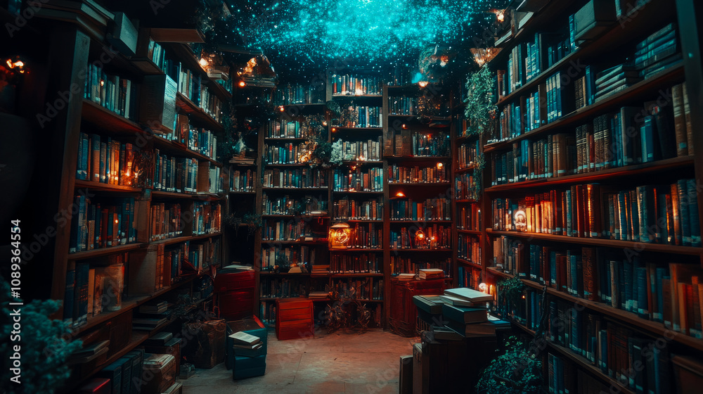 A cozy library filled with shelves of books, softly illuminated by glowing lights and surrounded by a warm, magical ambiance, inviting exploration A cozy library filled with shelves of books, softly illuminated by glowing lights and surrounded by a warm, magical ambiance, inviting exploration