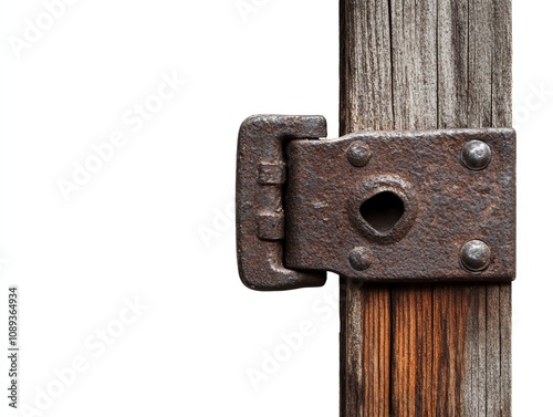 Rusty hinge on a wooden post, white isolate background.