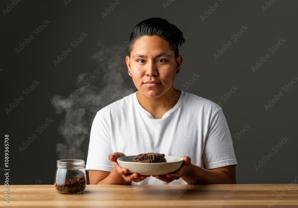 Young Native American non-binary person holding freshly baked chocolate cake with steaming coffee jar on wooden table Young Native American non-binary person holding freshly baked chocolate cake with steaming coffee jar on wooden table