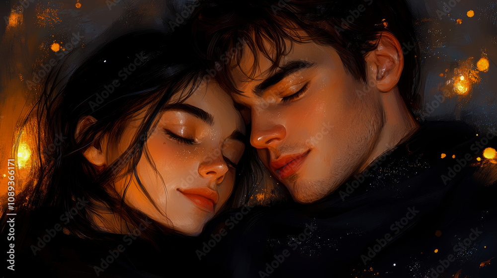 A young couple rests closely together, eyes closed, surrounded by warm glowing lights, sharing a tender moment late at night, radiating love and peace A young couple rests closely together, eyes closed, surrounded by warm glowing lights, sharing a tender moment late at night, radiating love and peace
