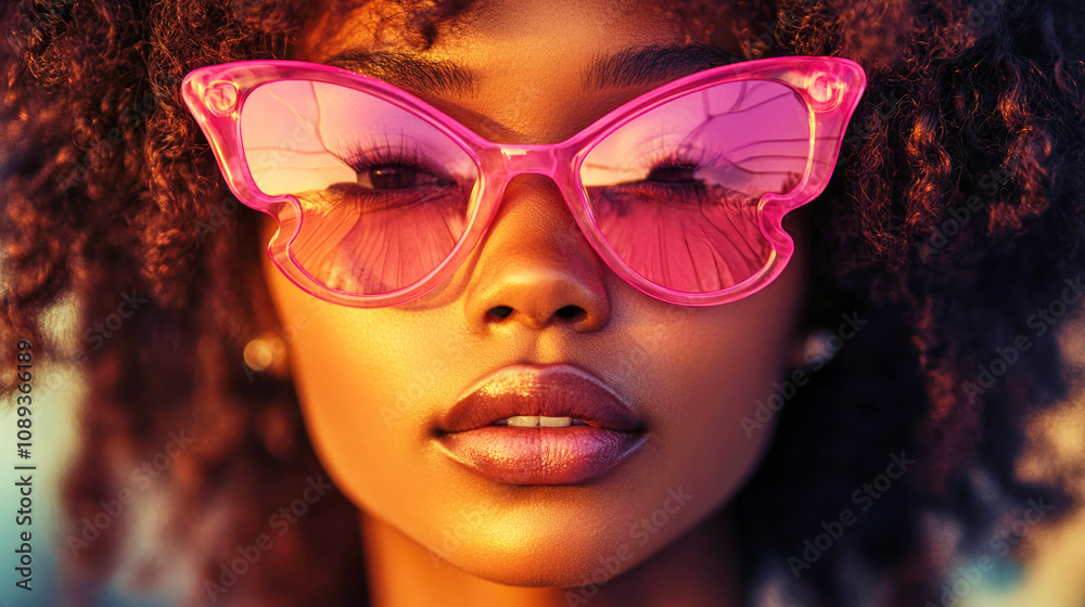 Vibrant portrait of a Black woman with stylish butterfly sunglasses during dusk