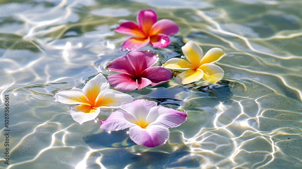 Vibrant Tropical Flower Petals Floating on Clear Rippling Water Under Summer Sun Vibrant Tropical Flower Petals Floating on Clear Rippling Water Under Summer Sun